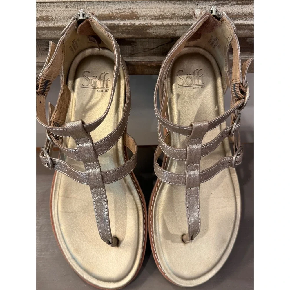 Sofft Womens 8.5 M Gold Metallic Leather Gladiator T Strap Sandals Zip Back